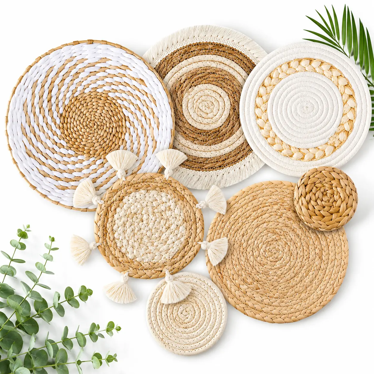 7 Pack Boho Wall Basket Decor - Seagrass Rattan Wicker Wall Decor Round Handmade Hanging Rustic Flat Elegant Wall Art for Farmhouse Living Rooms Bedrooms Display Table Settings Kitchen Home
