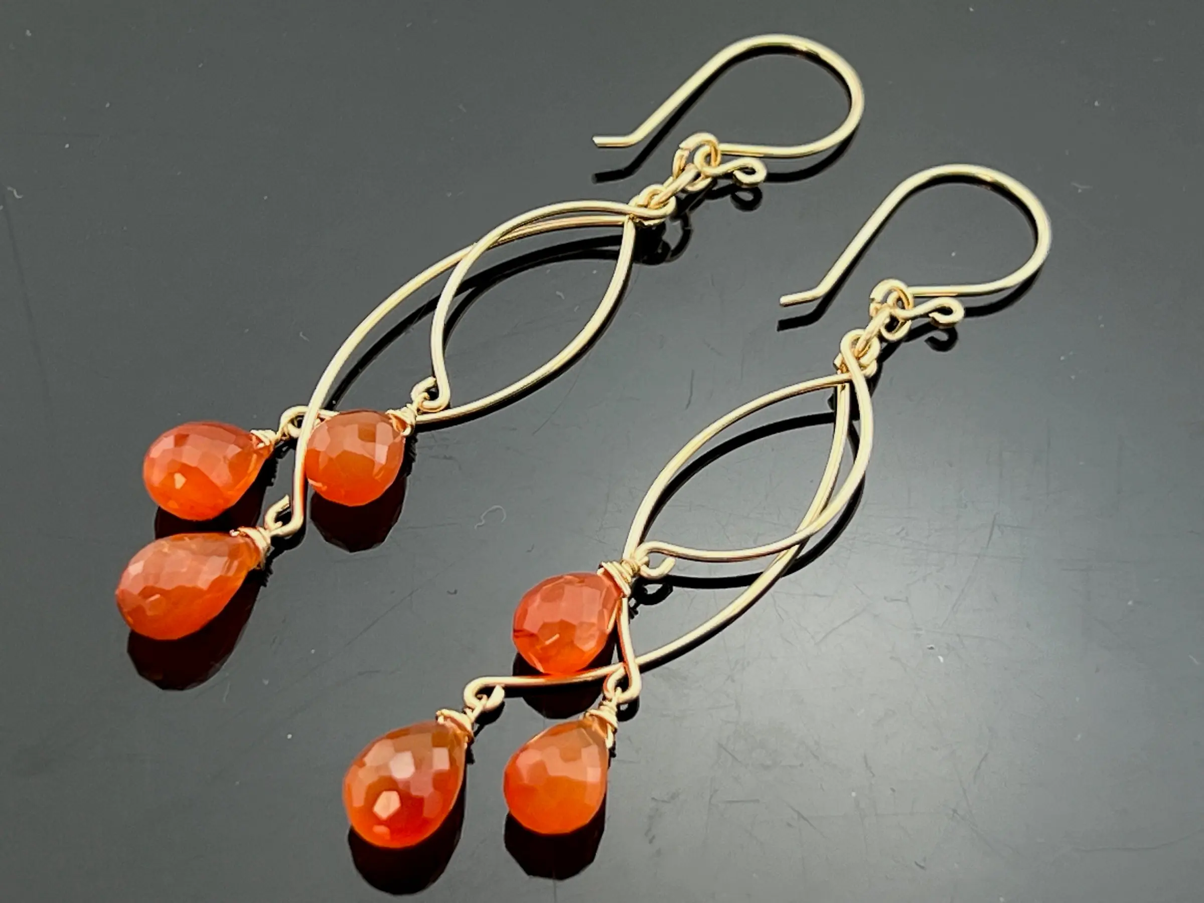 Long Carnelian Chandelier Earrings • 14K Gold Filled Dangle Drops • Orange Gemstone Jewelry