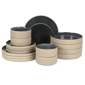 Gibson Elite Liberty Bay 16-Piece Pottery Clay Stoneware Dinnerware Set –  Reactive Glaze, Stackable Plates and Bowls W/ Pasta Bowl, Service for 4 – Microwave & Dishwasher Safe