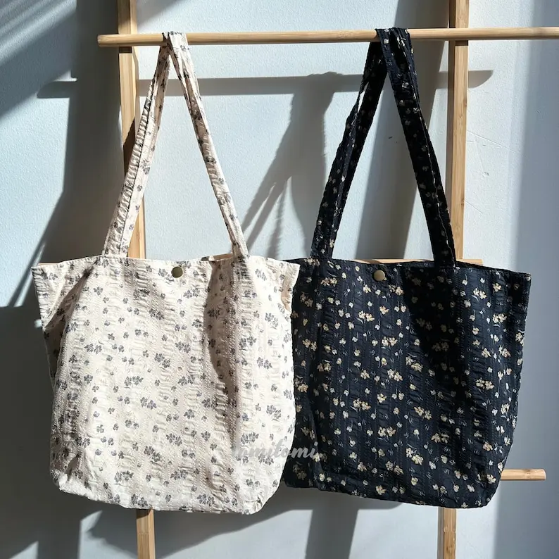 Floral Delight Tote Bag | Elegant Black & Beige Design with Purple Blooms | Perfect for Work School Everyday Chic | Gift for Her Summer