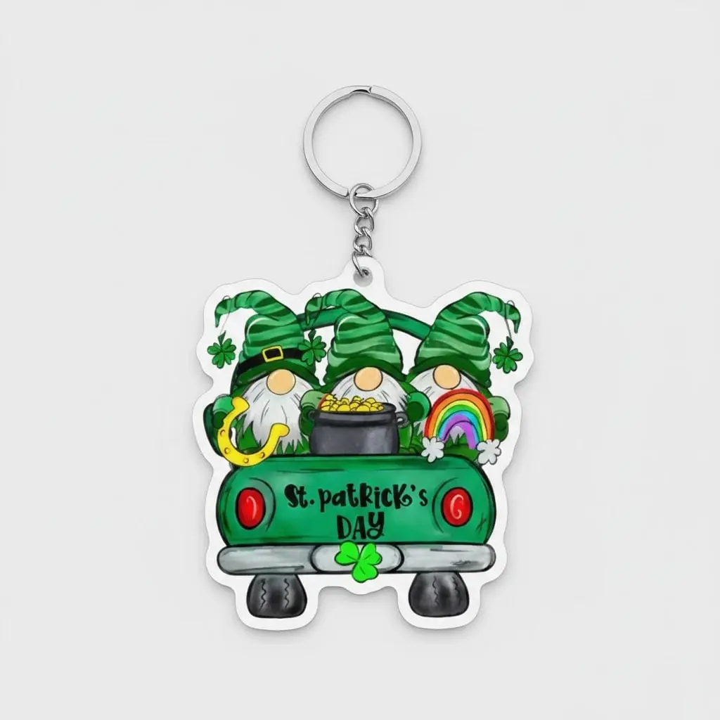 St Patrick’s Day Gnome Keychain, Lucky Leprechaun Truck Acrylic Keyring, Cute Irish Gift, St Patrick Shamrock Car Charm, Green Festive Gift
