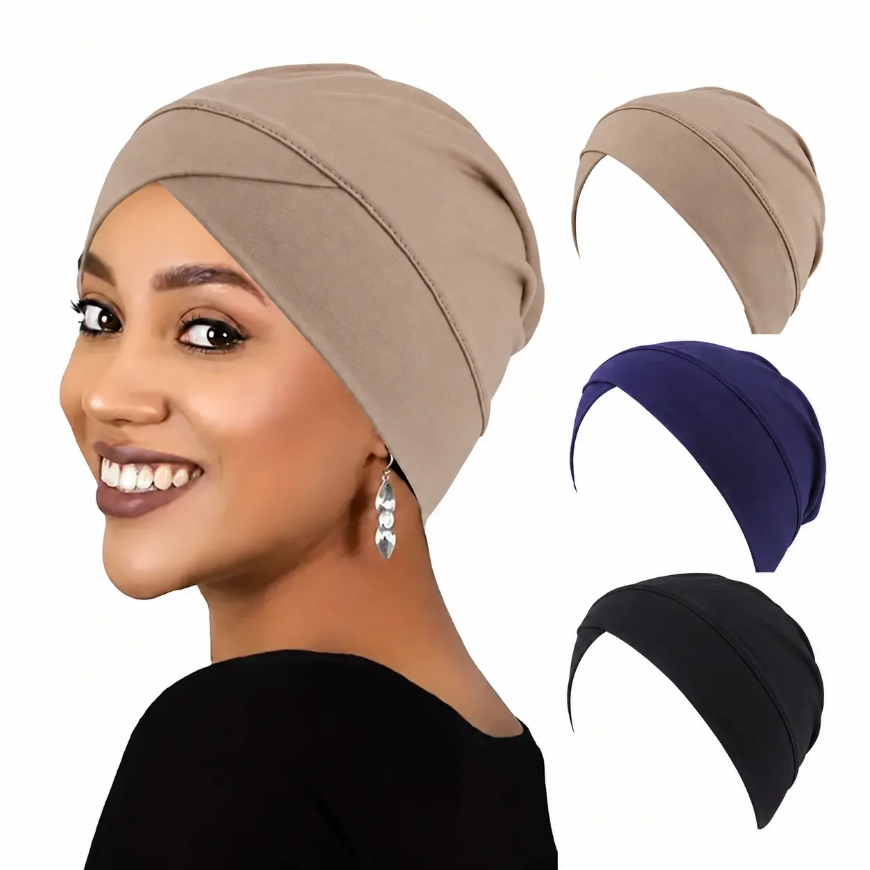 Humwam  3Pcs Plain Solid Cross-Front Hijab Undercap Set, Stretch Head Wrap, Unisex Muslim Modest Fashion Headwear for Casual Use