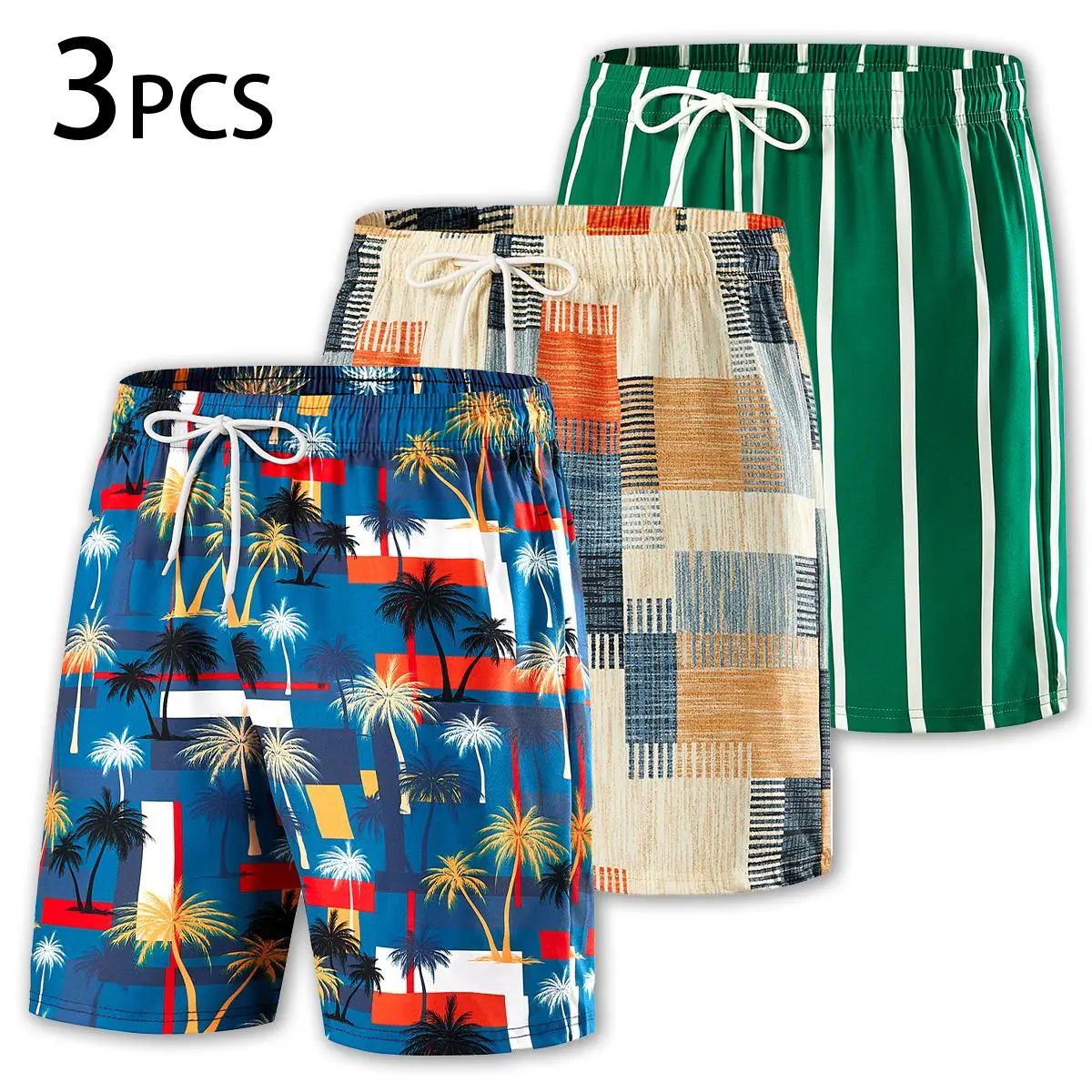 Men's 3-PC Multi-Color Hawaii-Inspired Tropical Print Board Shorts, Breezy Pullstring Waist Quick-Dry Swim Trunks, Lightweight Breathable Pockets for Beach Surfing Summer Vacation, Breezy Men's Shorts, Hawaii-Inspired Men's Shorts