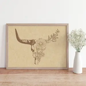 Longhorn Bull Skull Print with Floral Aesthetic Pattern Cow Skull Poster No Frame Southwestern Art Desert House Decor Western Gift Artistic Home Decoration
