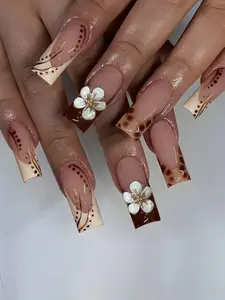 24Pcs 3D Nail Stickers – Square French Tip with Metal Beads, Medium Size Acrylic Set for Effortless Daily Wear, Parties & Nail Art, Includes Jelly Gel & Nail File