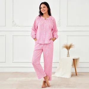 Womens Gingham Pajama Set, 2 Piece Cotton Homewear, Cozy Plaid Pjs, Long Sleeve Button Top Straight Leg Pants Loungewear, Comfort Lounge Set