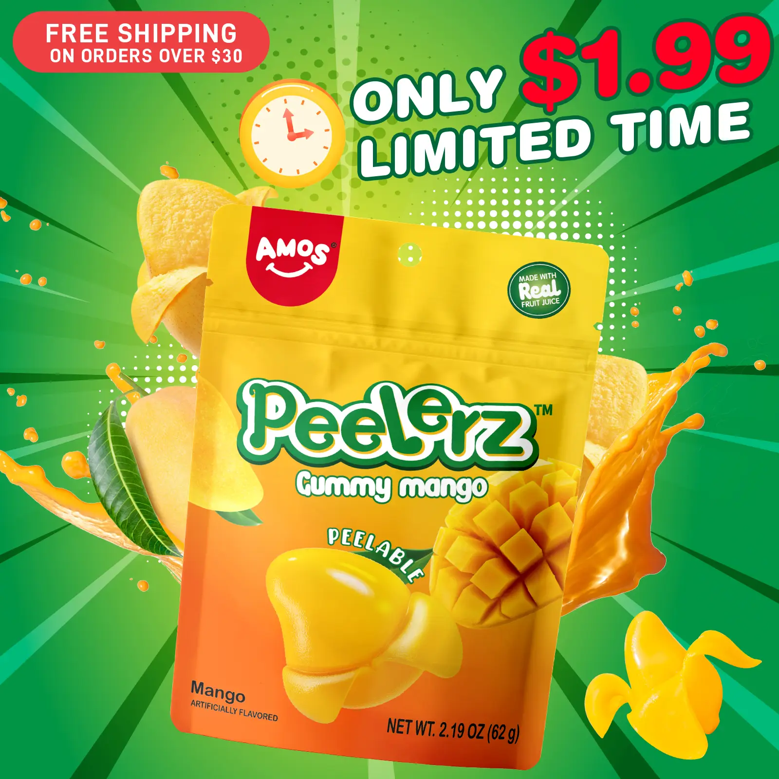$1.99 limited time sale Amos Peelerz Hawaiian style assorted fruit gummies | mango, lychee, pineapple, peach, banana | peelable design, shareable pac
