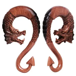 Pair of Ebony Wood Dragon Ornamental Hanging Taper with Arrow Tail