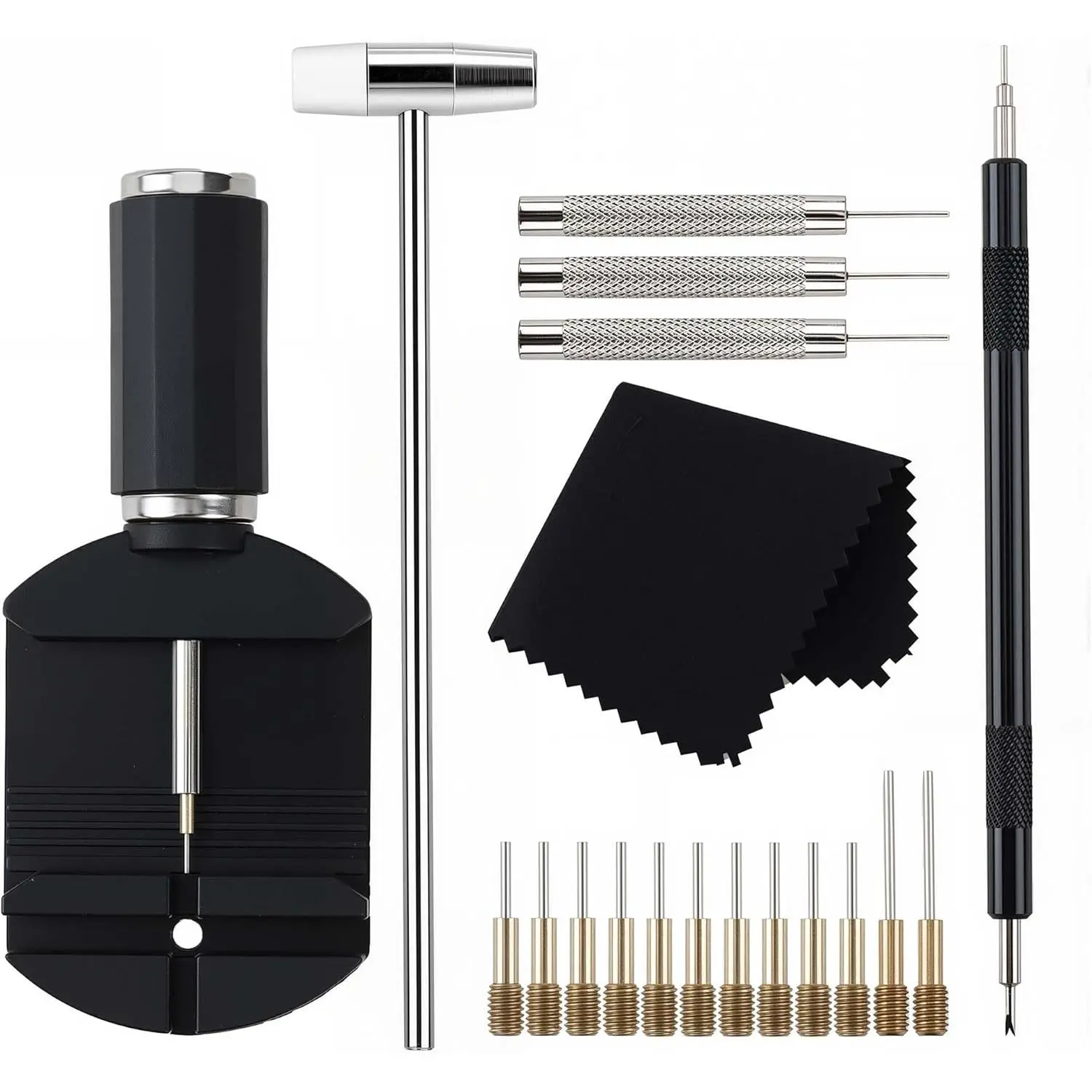 Watch Link Removal Kit, 19 in 1 kit, Can be  for Strap Length Disassembly and Adjustment, Watch Strap , Tool Hammer, Cleaning Cloth and Spare , with User Manual.