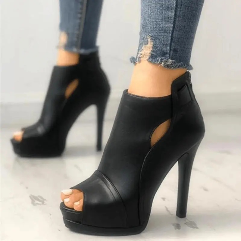 Women's Classy Sandal Footwear - Peep-Toe Stiletto Heels, Black Cut-Out Back Zipper Ankle Boots for Party, Leisure Outdoor Recreation Events