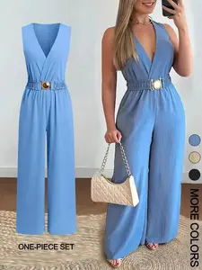 2026 Women's Solid Belted Jumpsuit, Casual Sleeveless V Neck for Summer, Clothes Daily Wear, ?Solid Color, Chic, Lightweight, Stylish, Trendy, Breathable, Sunny Days, Travel Outfit, Versatile, Tropical Vibe