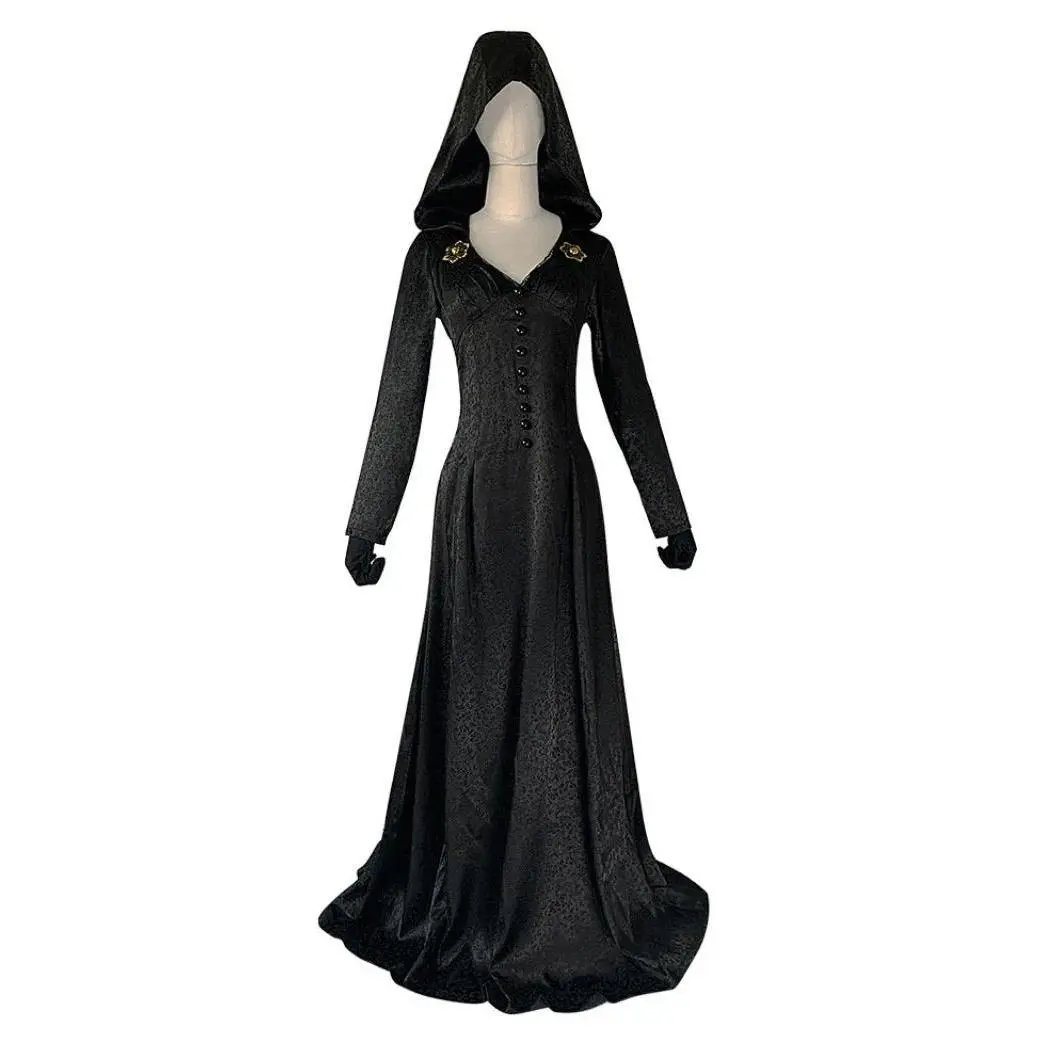 Women's Gothic Vampire Costume, Long Hooded Polyester Dress with Accessories, Bella Cassandra Dimitrescu Cosplay for a Halloween Look, Bella Suit, Vampire Look, Includes Gloves, Clothes, Lady, Xxl