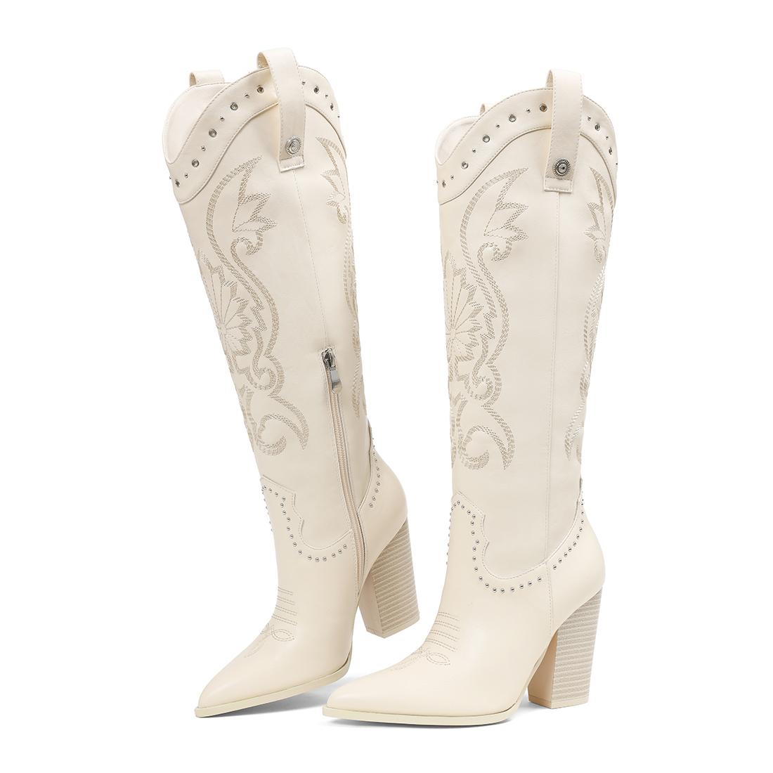 EROCALL Women's Mid Calf Cowboy Boots Classic Studded Cowgirl Boots with Pointed Toe Chunky Heel Pull On Design Fashion Western Booties for Dress Wedding SpringStatements