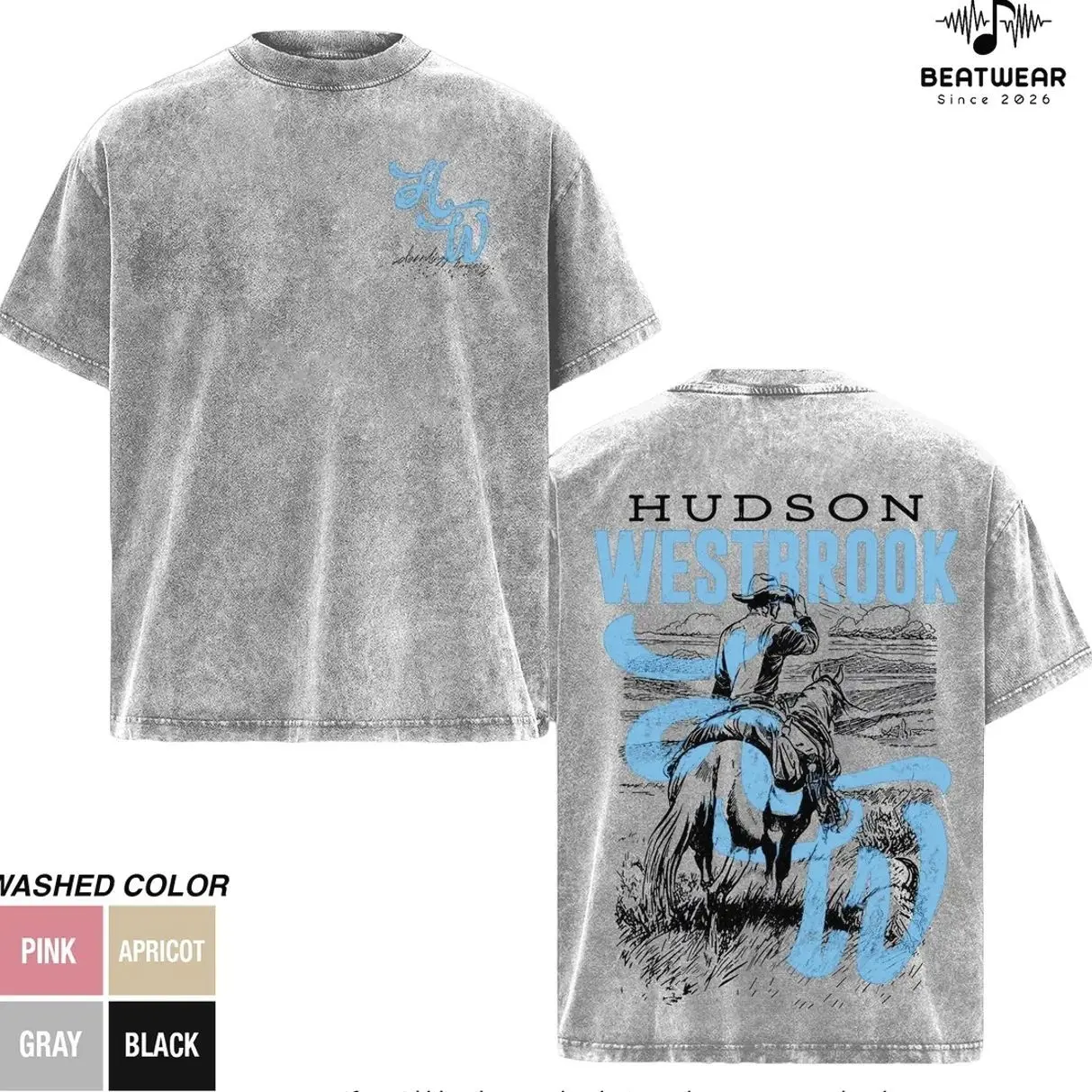 Men's & Women's Hudson Westbrook 2026 Tour Oversized T-Shirt - Country Concert Graphic Washed Apparel, Back Tour Dates Print, Soft Seamless Fan Gift Clothes, ACO, Round Neck, Printed, Cotton, Graphic Print