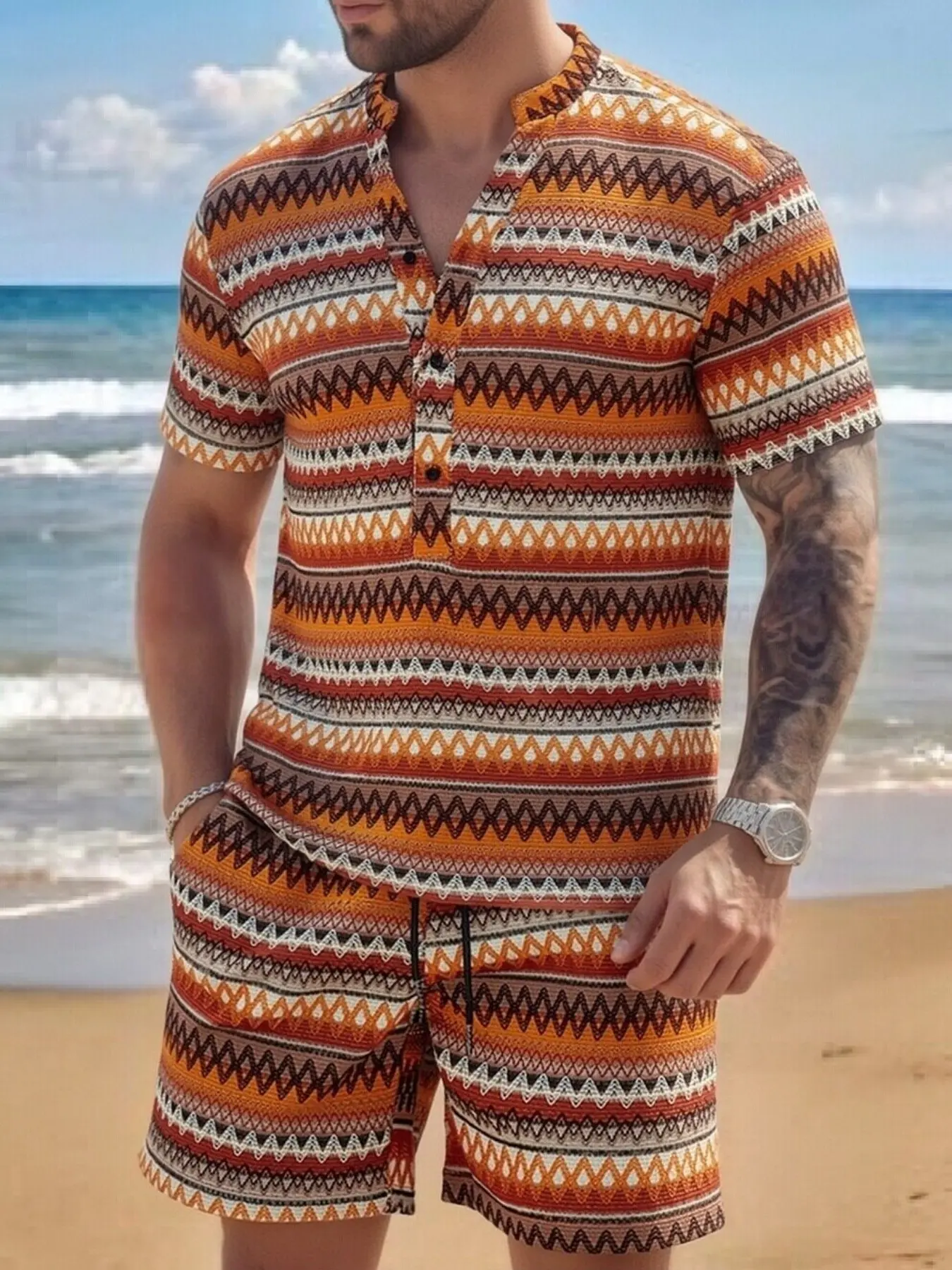 Men's Casual Striped Jacquard Short Sleeve Tee, Fitted Regular Length Knitwear, Perfect for Summer Daily Wear, Fashionable Button Top, Striped Casual Tee Shorts Matching Set, Shorts Set Outfit