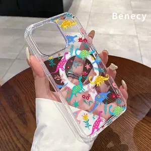 Magnetic Soft Case for iPhone 15 16 14 Pro Max 13 12 11 XR XS Plus E Dino Floral  Pattern Anti-Yellowing Shockproof ultra-thin Silicone Crystal Transparent Acrylic Large Hole Cover Supports Wireless Charging