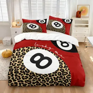 Chic Red Black Lucky 8 Ball Duvet Cover Set with 1 or 2 Coreless Pillowcases, Warm Fluffy Microfiber Bedding, Leopard Print & "Lucky Me" Design, Cozy Guest Room Decor for Young Adults, Gift Choice