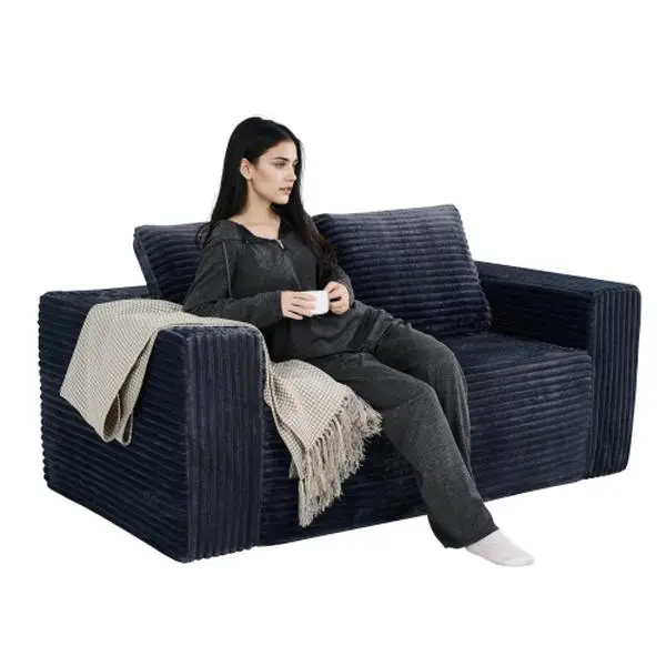 Modern Pre-Assembled No-Frame Corduroy Fabric Loveseat Sofa, 63x35x23in High-Density Foam Upholstered Couch with Fixed Arms, Premium Small Space Indoor Furniture for Bedroom, Living Room