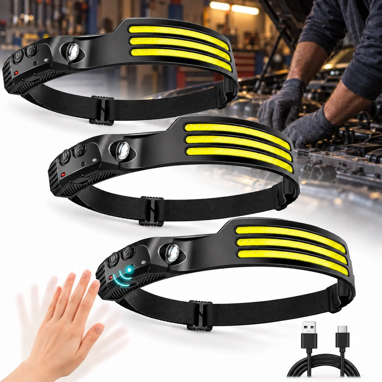 USB Rechargeable LED Headlamp - 230° Wide Light, XPE/COB LED, Multiple Light Modes, Motion Sensor, Adjustable Headstrap, Lightweight, Waterproof, Outdoor Flashlight for Camping, Jogging