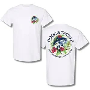 Popular Hook & Tackle T-Shirt – Performance Outfitters Fishing Tee with Marlin & Hibiscus Floral Graphic, Coastal Lifestyle Shirt for Anglers, 2 Sides. - Limited Stock