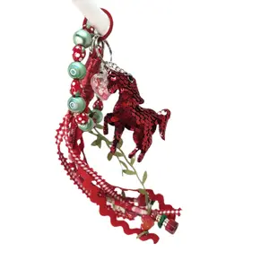 Strawberry Horse sequined keychain phone holder with universal phone case attachment piece, glass strawberry beads, with red sequined horse charm, purse charm, phone charm, key chain