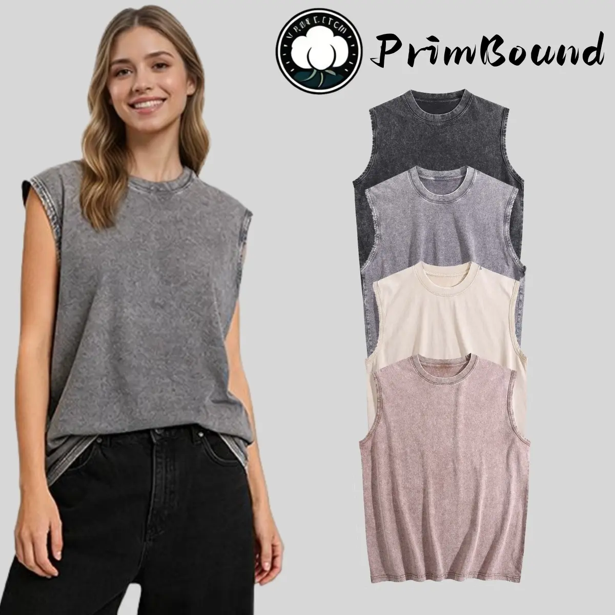 Women's Muscle Tank Top, 3-Pack Vintage Acid Wash Soft Cotton Shirt, Casual Sleeveless Streetwear with Raw Edges, Loose Fit
