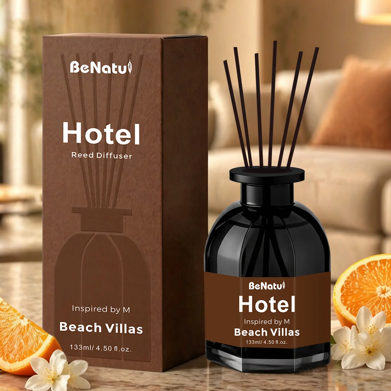 Benatu Marriott Beach Villas Hotel Series Reed Diffuser - 4.5 fl oz Scented Fragrance Oil with Thyme, Eucalyptus, Lavender for Home Apothecary
