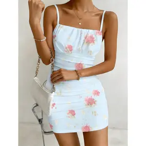 Womens Light Blue Hydrangea Floral Print Ruched Bodycon Mini Dress Spaghetti Strap Square Neck Slim Fit Short Dress For Bridal Shower Summer Casual