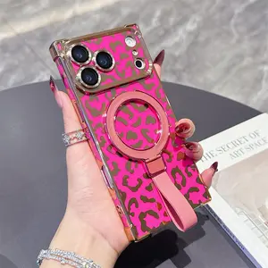 High Quality Leopard Print Magnetic Phone Case with Lens Film for Apple iPhone 14/15/16/17 Pro Max Air Plus, Ring Holder, Wireless Charging