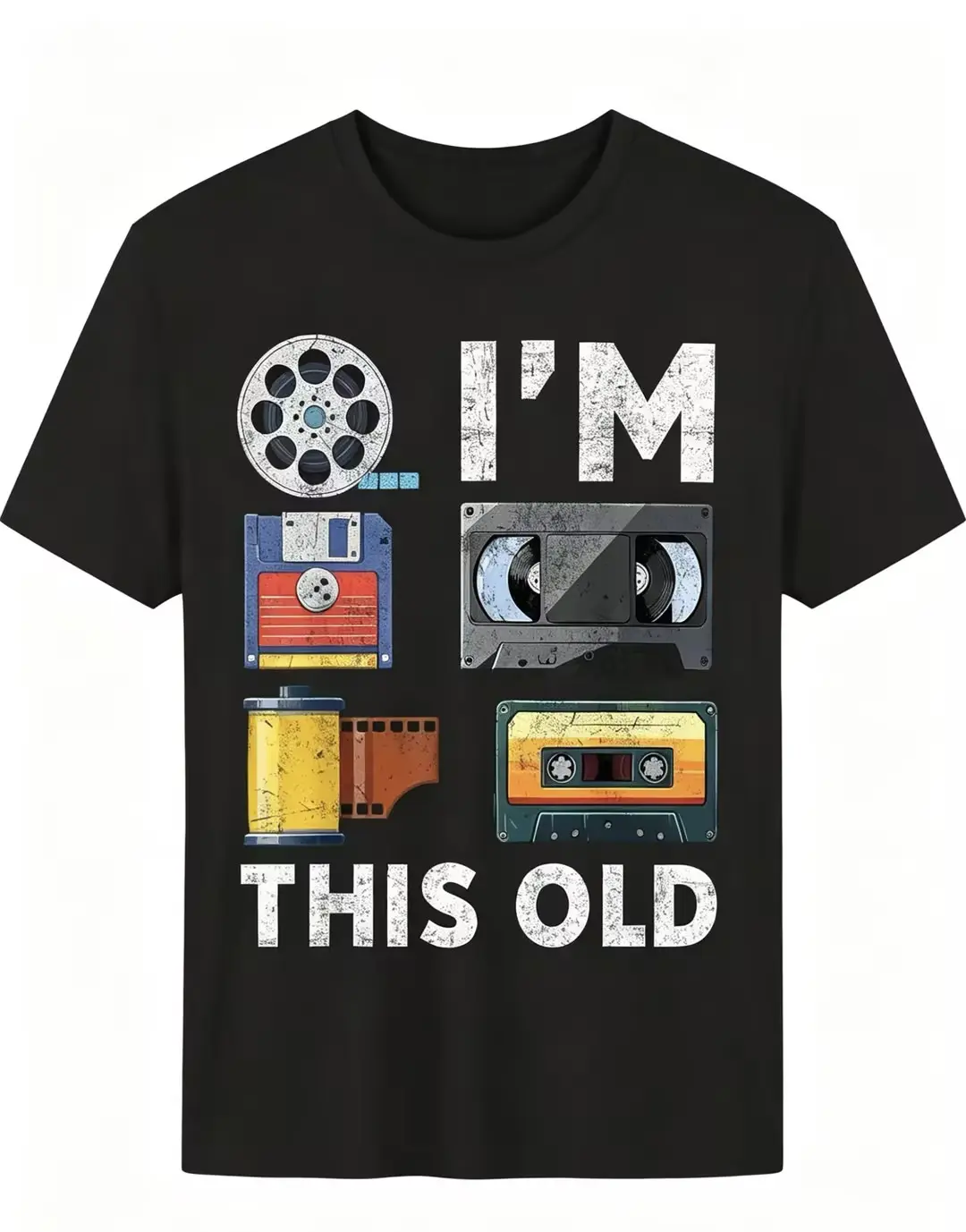 Retro Vintage Media Tech Short Sleeve T-Shirt - Nostalgic Cassette,VHS,Floppy Disk Print Round Neck Top - Digital Heat Transfer Casual Sports Tee for Tech Conventions,Casual Attire, Shortsleeve, Tshirt, Streetwear, Menswear
