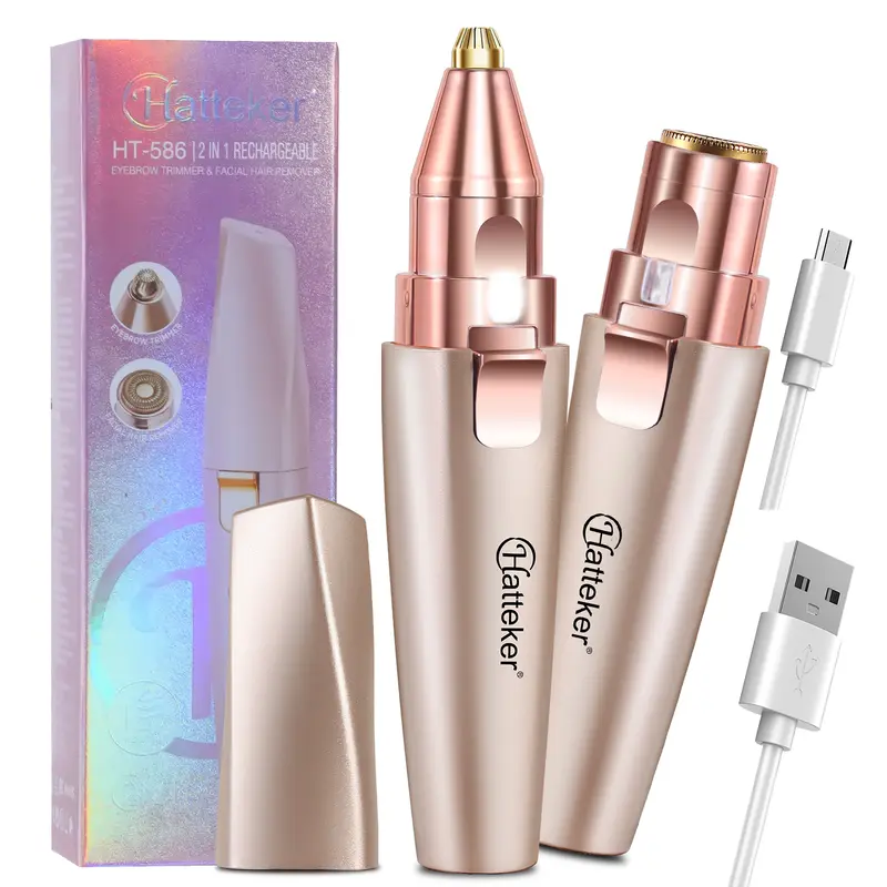 Hatteker Women's 2-in-1 Electric Eyebrow Trimmer-Facial Hair Remover, Gentle Lightweight Pain-Free Hair Removal Tool with LED Light, USB Charging, ABS Construction, Built-In Batteries, Dual Ring Blade Design, Convenient for Travel