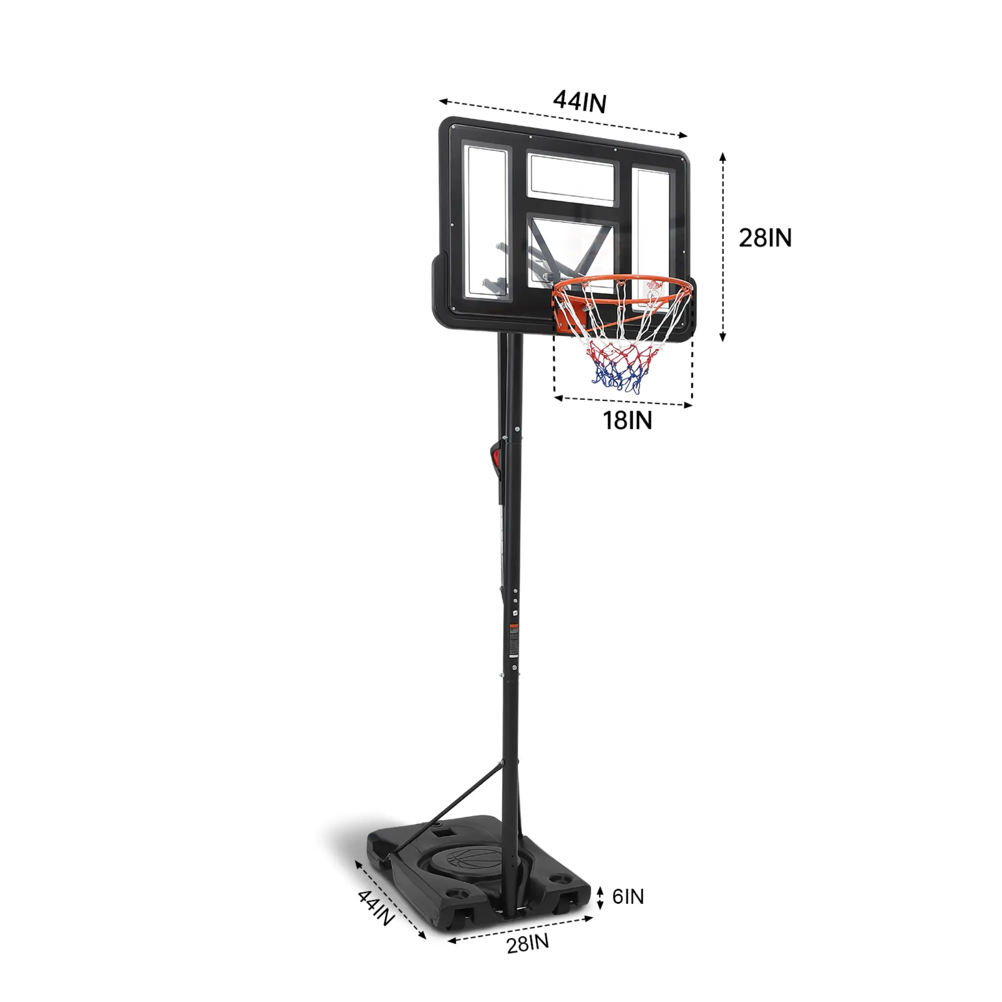 Outdoor Mobile Basketball Goal with 44" Shatterproof Polycarbonate Backboard, Adjustable Height, Solid Base, Quick Setup & Easy Assembly, Heavy Duty for Adults & Children - Indoor/Backyard/Driveway Use