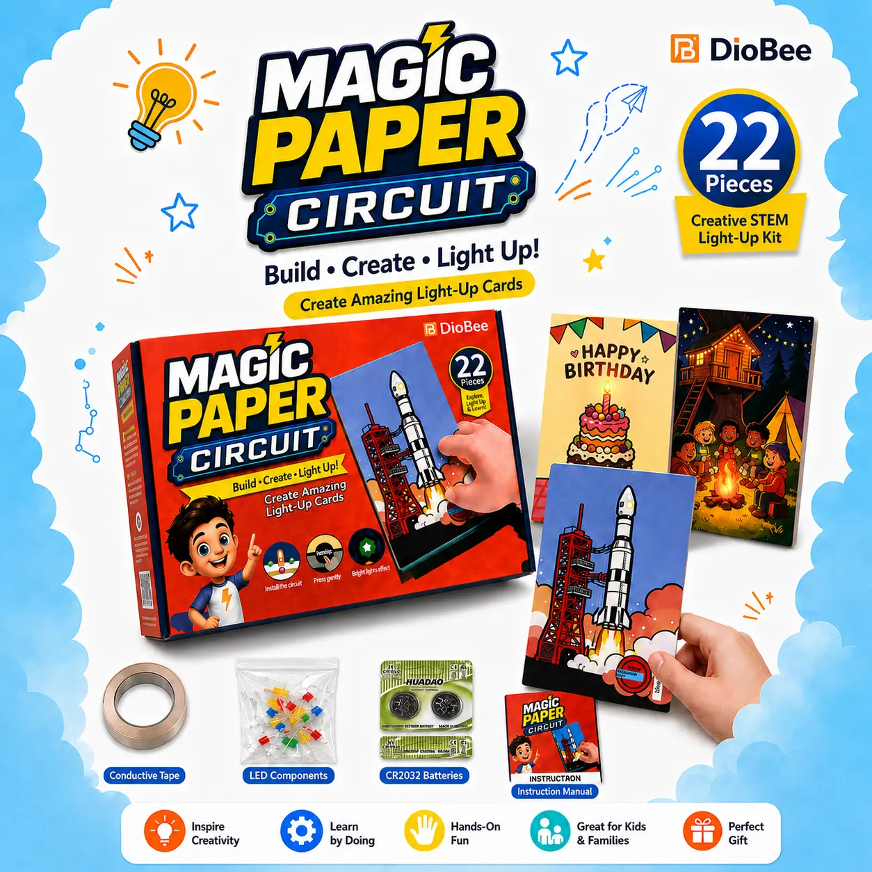 Diobee Magic Paper Circuit Light Up Kit for Kids, 22-Piece STEM Craft Kit with LED Lights, DIY Paper Circuit Art Activity, Creative Hands-On Science Experiment Toy for Boys & Girls Ages 8+