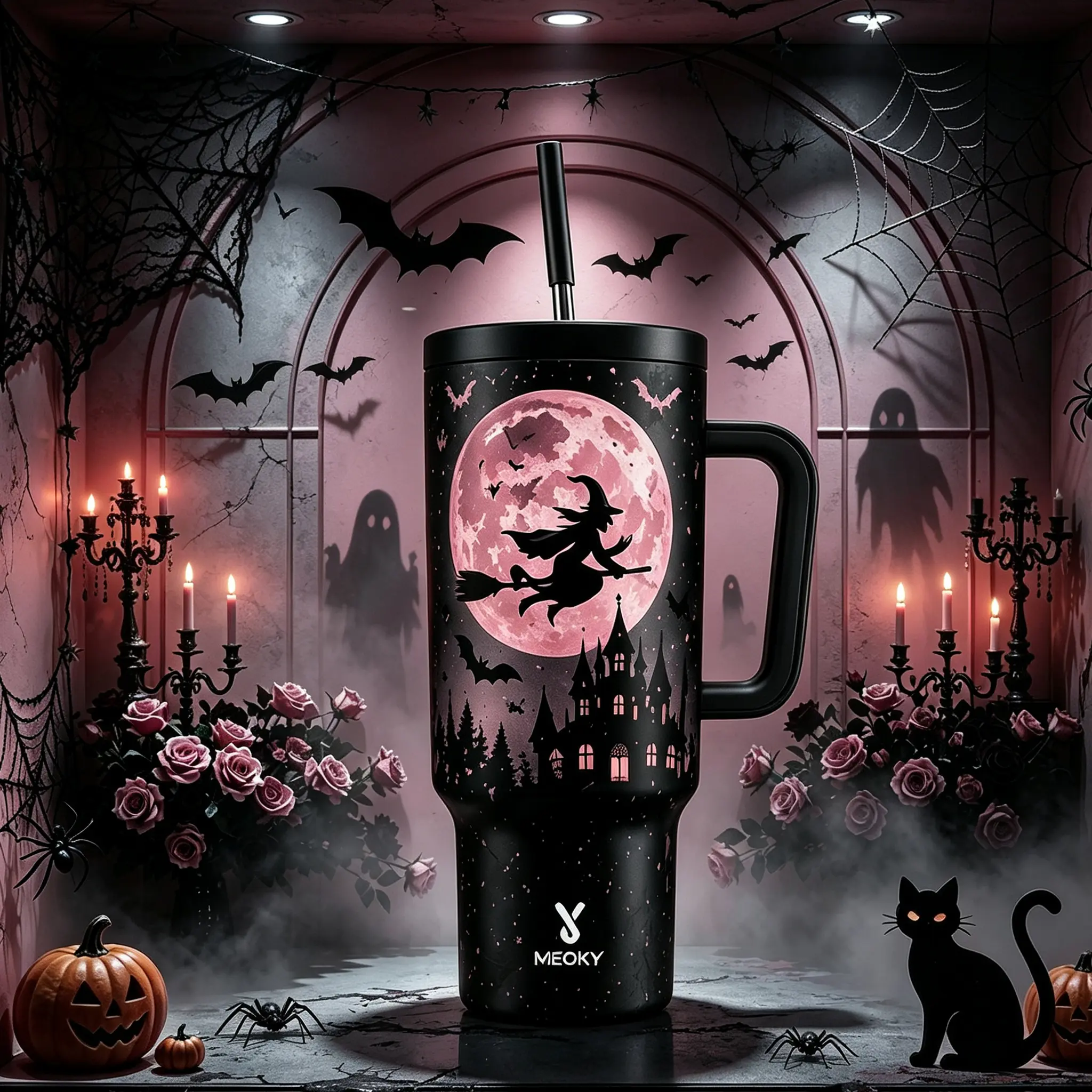 MEOKY Halloween 40oz spooky vibes Reusable Stainless Steel Insulated Tumbler Flask, Portable Leak-Proof Water Bottle, 24-Hour Cold Retention, Ideal for Outdoor Travel, Holiday Gift #PinkHalloween#backtoschoolseason#summerweentumbler#Halloweentumbler