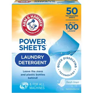 Arm & Hammer Power Sheets Laundry Detergent, Fresh Linen 50ct, up to 100 Small Loads (Packaging may vary)