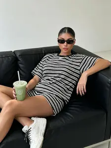 Women's Casual 2 Piece Set Summer Patchwork Short Sleeve Top and Shorts Matching Outfit Soft Cooling Viscose Blend Texture Loungewear Set for Daily Leisure