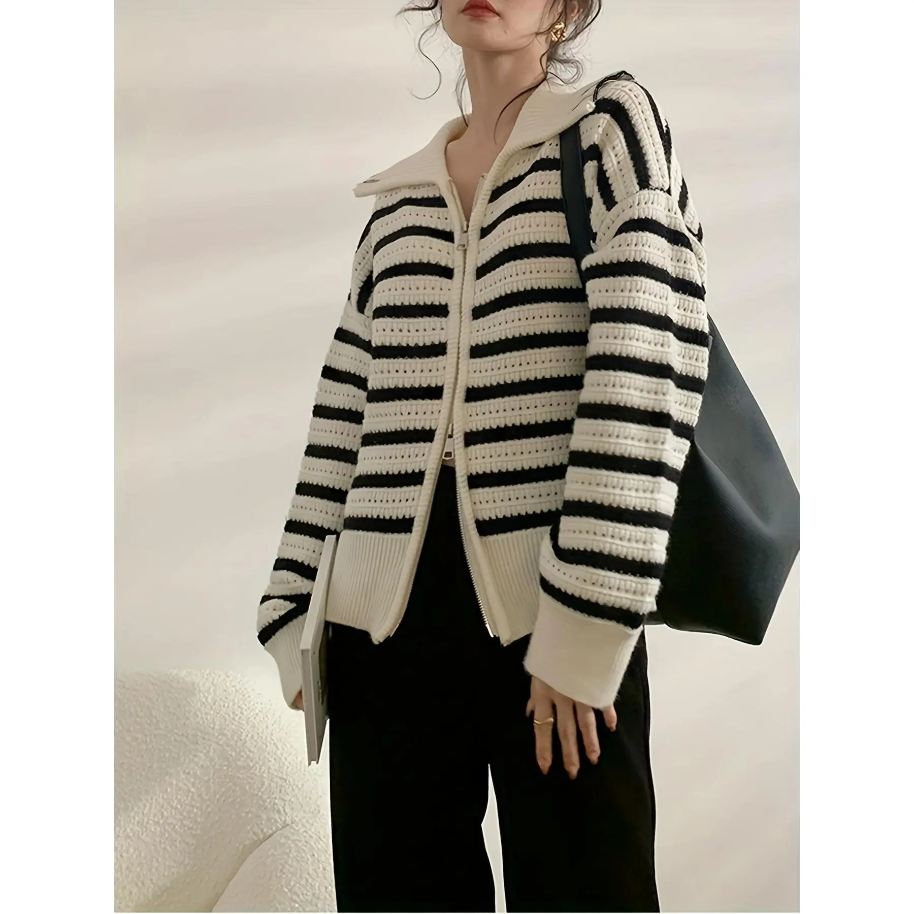 Cozy Long Sleeve Striped Cardigan Sweater - Soft, Zip-Up, Casual, Winter Wear for Women - Perfect for Daily Life, Work, or Leisure Activities