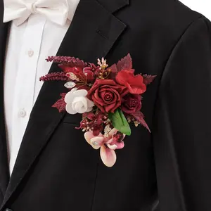 TINGE TIME Burgundy Luxury Groom Boutonniere for Wedding, 1 PCS Pocket Boutonniere for Men Wedding, Artificial Corsage for Prom Formal Dinners Homecomings Anniversaries Ceremonies