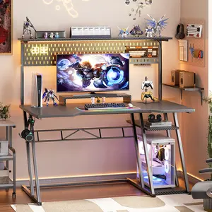 47" Gaming Computer Desk with Power Outlets, Gaming Desk with Hutch and LED Lights, Reversible PC Gaming Desk with Pegboard