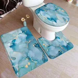 Abstract Blue Marble Bath Mat Set Geometric Ink Art Modern Home Carpet Flannel Bathroom Decorative Floor Rugs Toilet Lid Cover Bathroom Accessory