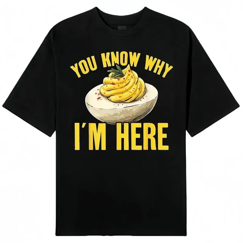 Retro "You Know Why I'm Here" Graphic Deviled Egg Men's Tee - 100% Cotton, Casual Vibe, Relaxed Fit, Short-Sleeve/Hoodie, Soft Crewneck Round Neck Top, 180G/230G CoreVarsity.us, Cold Wash, Made In USA
