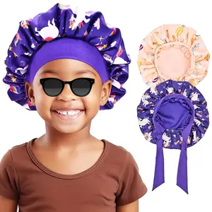 S-36 2 PCS Kids Bonnets for Girls, Reversible Silk Bonnet for Sleeping Satin Bonnet Cap with Wide Elastic Band -Purple & Pink