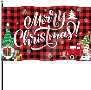 Merry Christmas Flag - Christmas Yard Decoration and Red Buffalo Plaid Banner Winter Holiday Outdoor Decor Xmas Large Welcome Flag - with Snowman Truck Gnome for House Wall Decoration