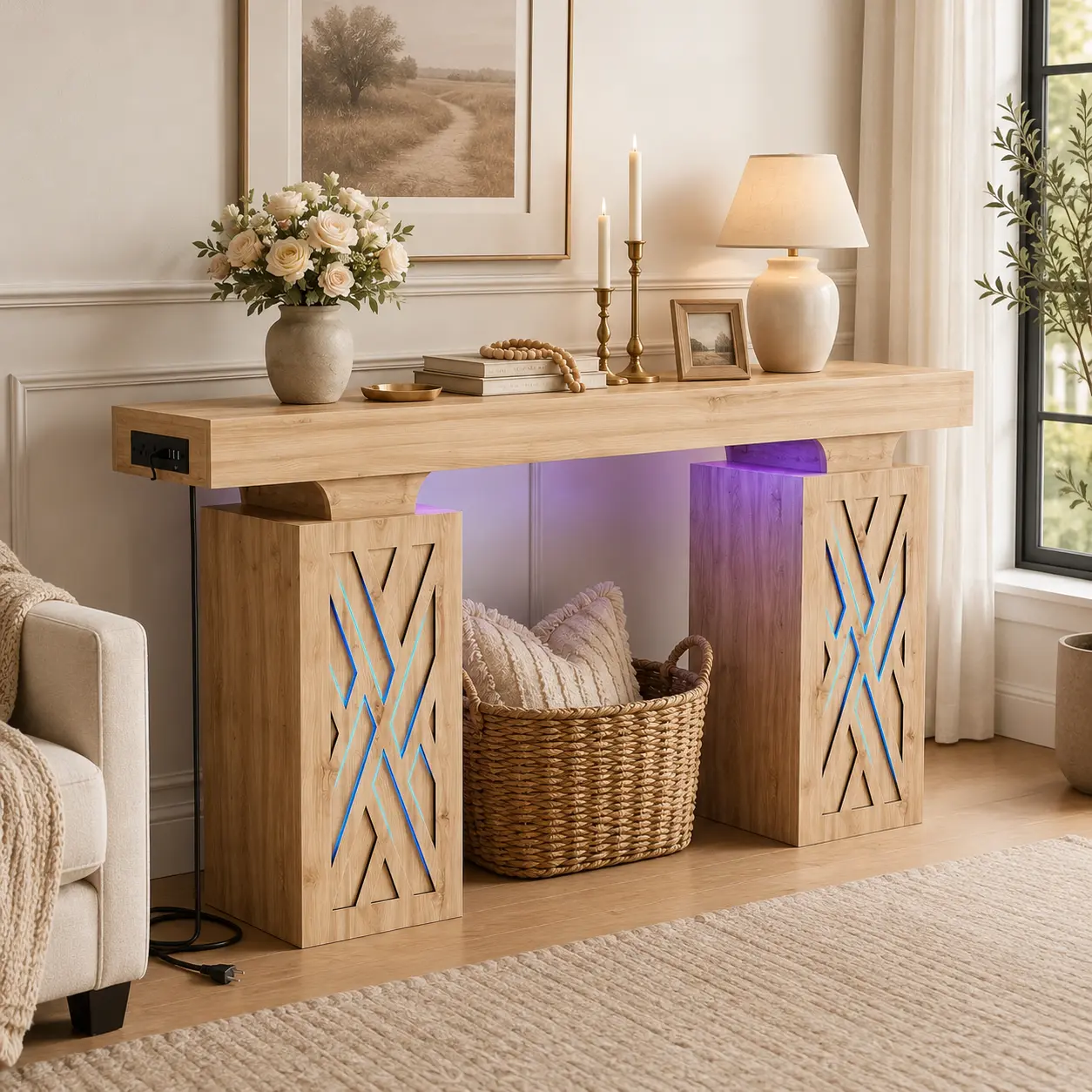 ISUNIRM 63" Wide Modern Farmhouse Console Table Entryway - Hollow Carved Pillars, Reversible Outlets (Charge Left or Right), RGB Vibe, 400+ lbs Load Capacity, 11.8in H, Space-Saving Wood Furniture for Hallway (63x12x33.5in, 63" Wide Surface)