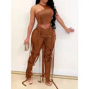 Women's Solid Lace Up Pants Two-piece Set, Back To School Asymmetrical Neck Tie Back Crop Tank Top & Split Hem String Decor Trousers, Two Piece Set Women,  Hip Hop Style Clothing Set, Musical Festival for Christmas