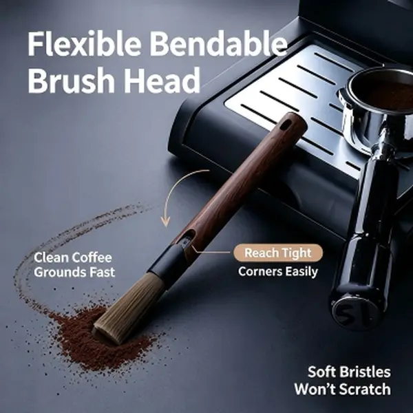 Adjustable Bend Coffee Cleaning Brush with Flexible Angled Head. Soft scratch-free bristles clear coffee residue, compatible with espresso portafilter, coffee grinder and coffee machine for home and commercial coffee use
