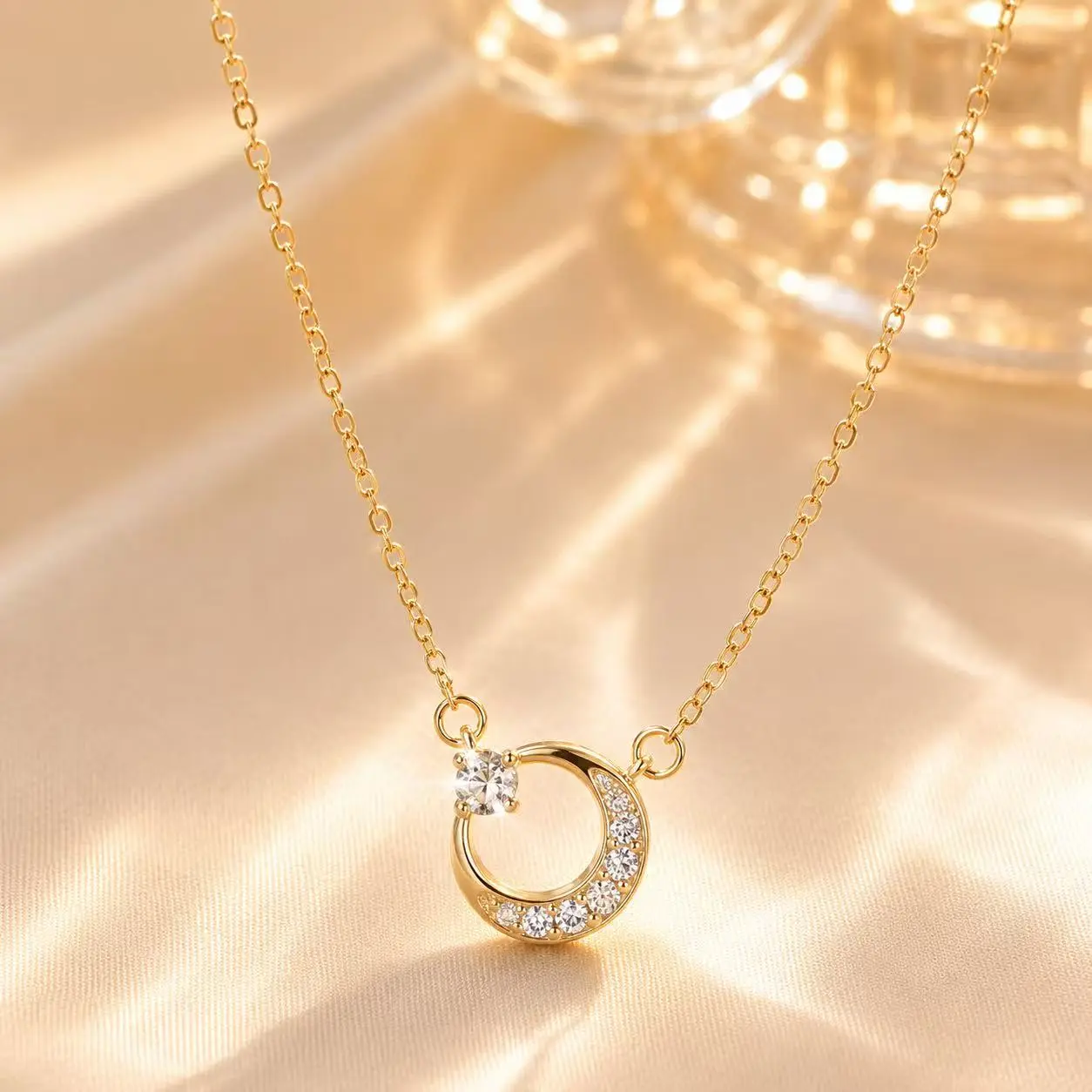 Women’s Crescent Moon Necklace | Gold Moon Pendant with Cubic Zirconia | Minimalist Dainty Necklace | Everyday Jewelry Gift for Women