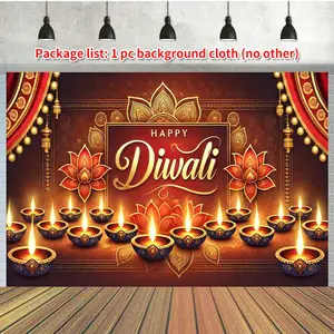 1pc 2D Flat Happy Diwali Polyester Backdrop Banner - 100% Polyester Fabric, Holiday Decor for Christmas, New Year, Valentine's Day, Winter Celebrations, Garden & Yard Party Decoration, Photo B Ornaments White