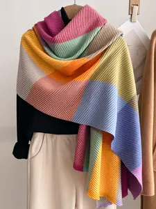 Women's Fall Winter Casual Fashion Scarf, Colorful Pleated Design, Thick Woven Shawl, Perfect for Daily Wear & Warmth, Fluffy Soft Textured Blanket Scarf