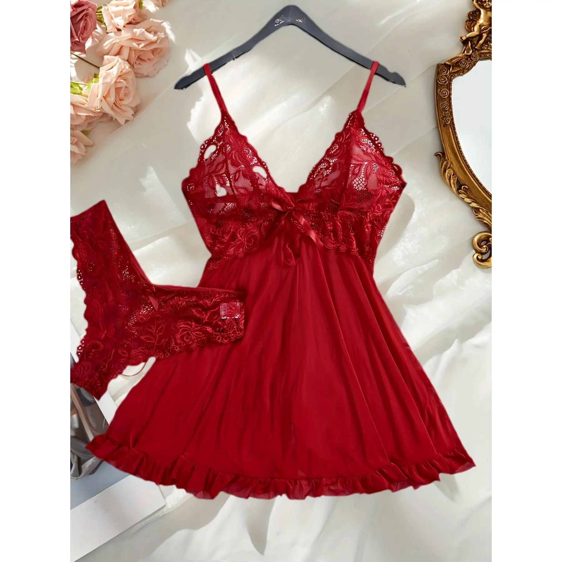 V-Neck Lace Mesh Slip Dress Chemise Babydoll Lingerie Dress, Semi-Sheer Nightgown for Women with Thong, Soft And Comfortable Sleepwear for All Season